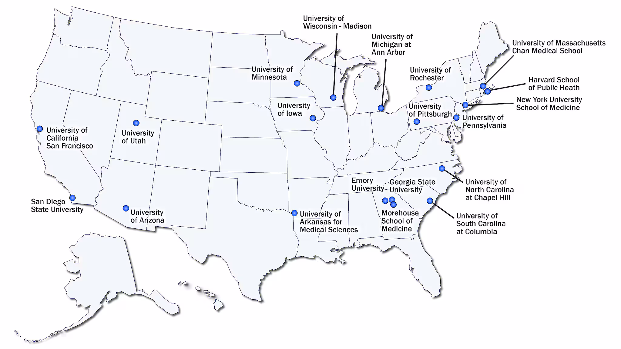 PRC Locations Map Map showing locations of the 20 currently funded PRCs for funding cycle 2024–2029.