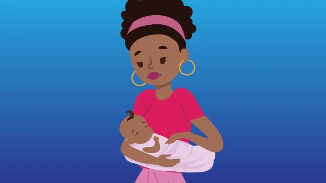postpartum depression Woman looking sad holding newborn baby.