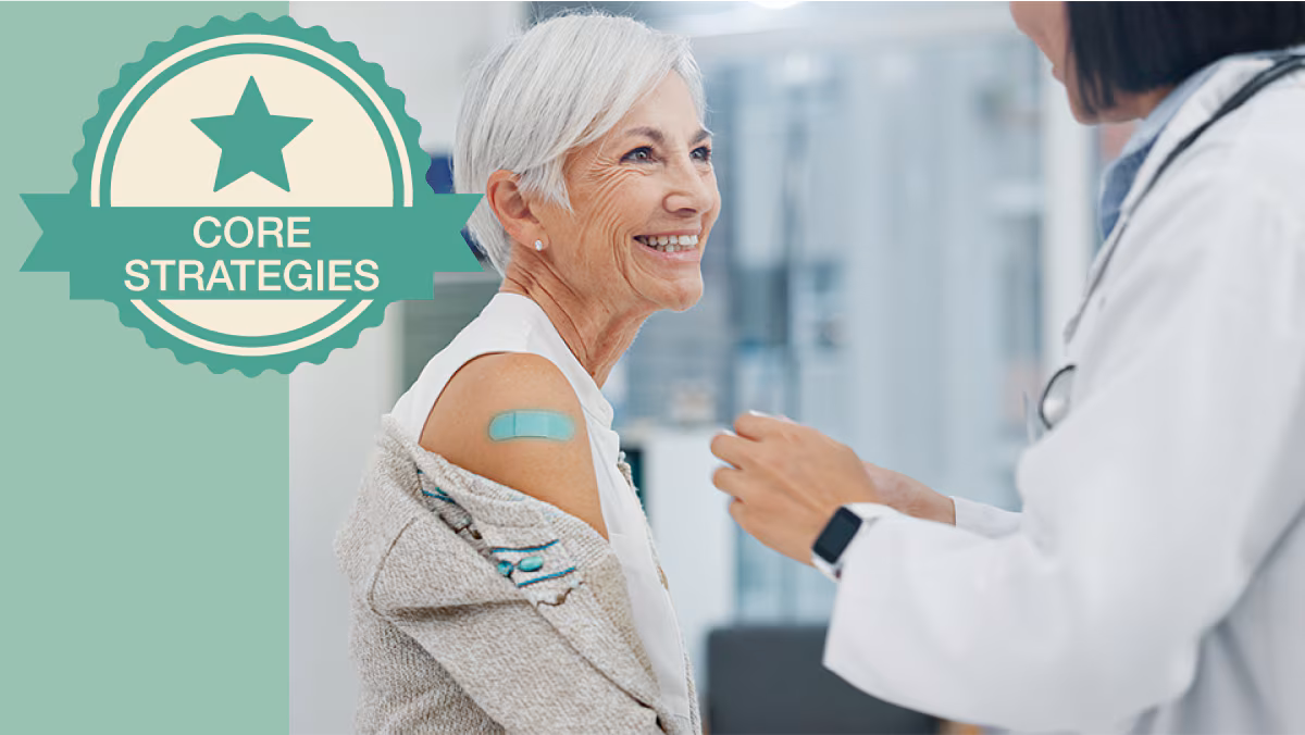 new Core Strategy 6 image Older adult with a band aid on her arm after receiving vaccine from a healthcare provider.