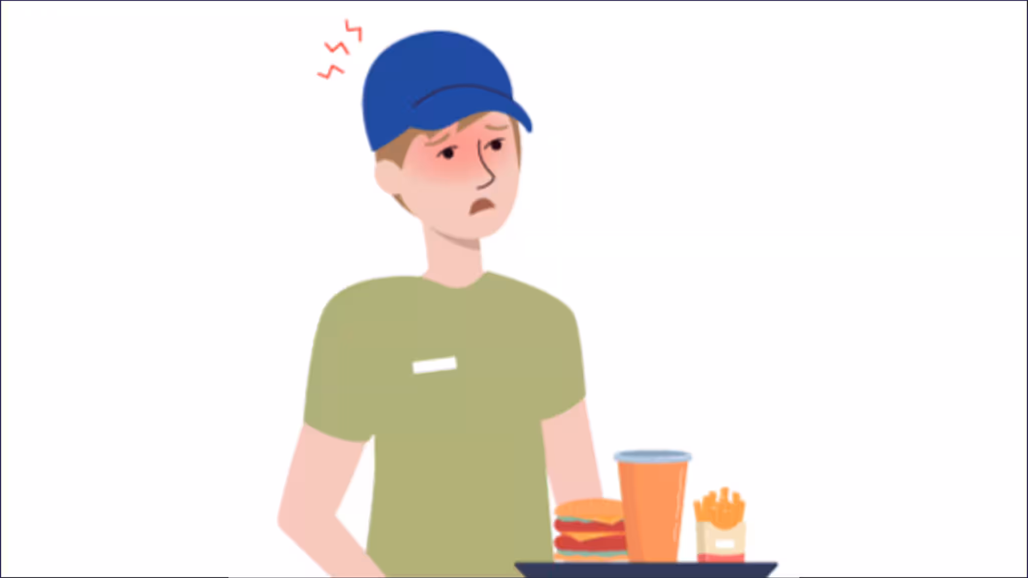 Cartoon sick food worker in front of a tray of food.