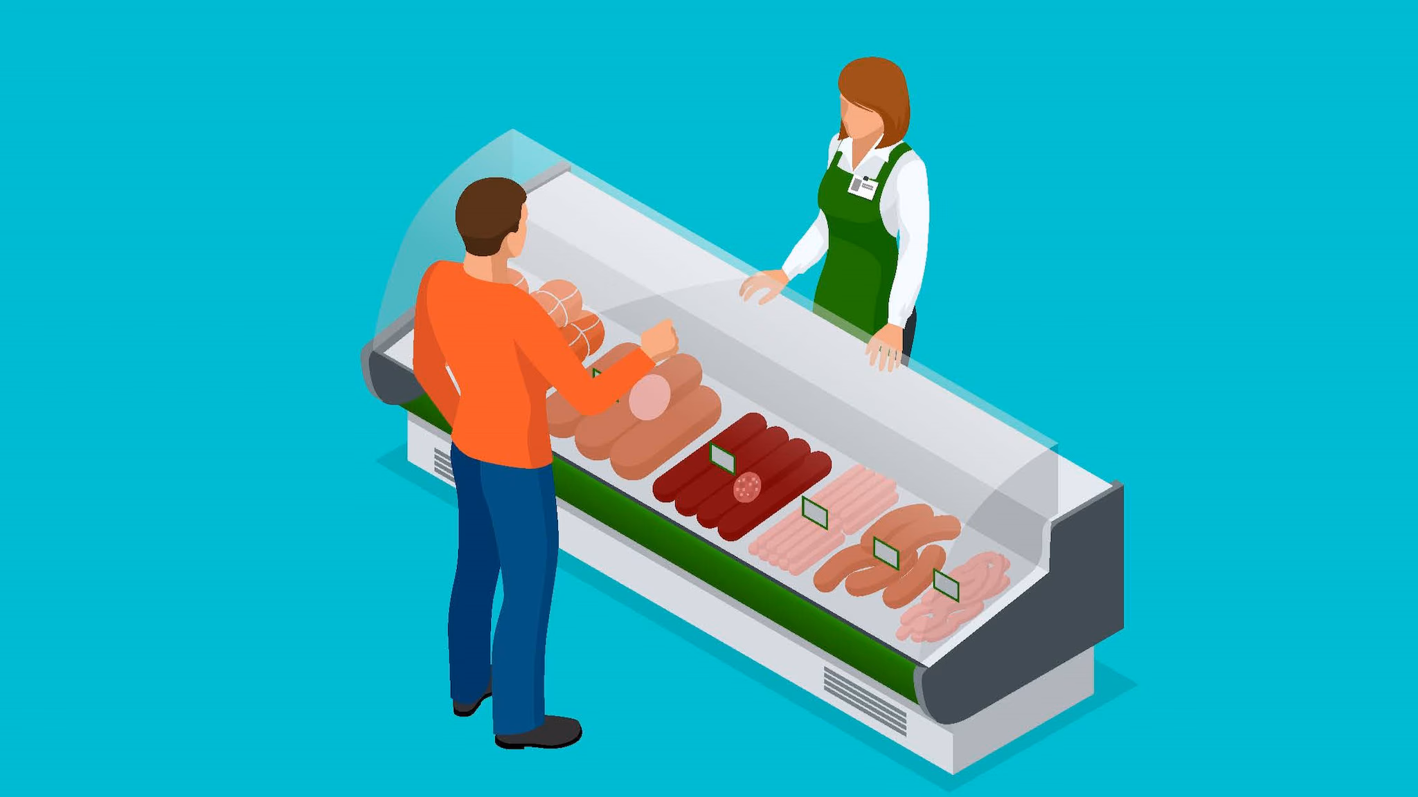 Graphic of a deli counter with a food worker and customer.