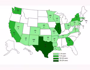 agona-map-300px.jpg Persons infected with the outbreak strain of Salmonella Agona, by state*
