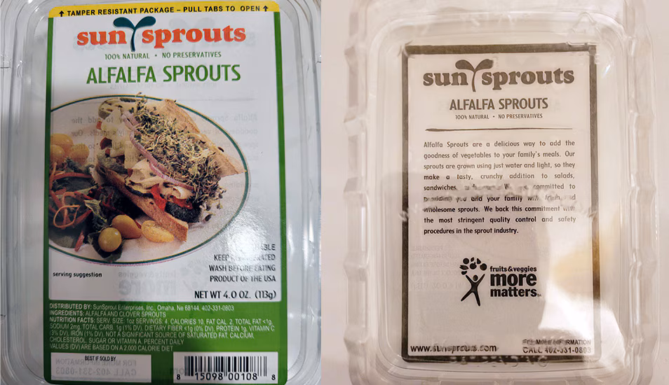 Alfalfa sprouts packaging Front and back packaging of alfalfa sprouts in this outbreak