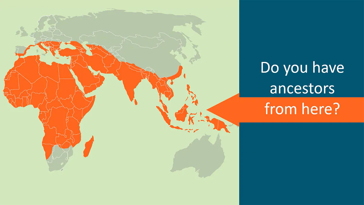 Thalassemia video thumbnail Ancestors from here? Map of the following shaded regions: Africa, Europe, and Southeast Asia.
