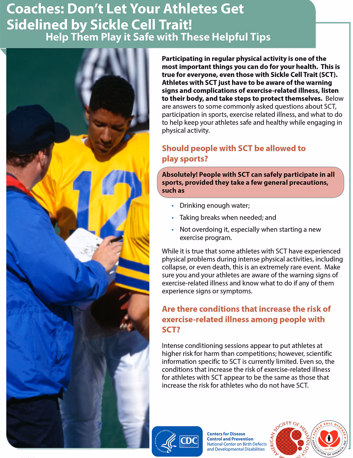 Coaches: Don’t let your athletes get sidelined by sickle cell trait! Help them play it safe with these helpful tips! - factsheet thumbnail