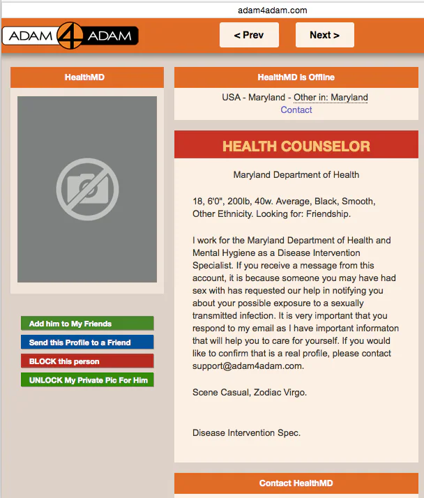 Adam4AdamCr.png An example profile for Adam4Adam.com for health care professionals.