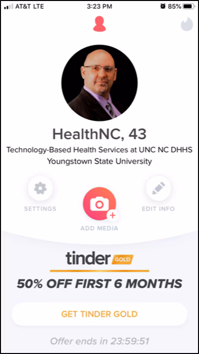 healthNC7.png An example personal profile for the Tinder mobile app for health care professionals.