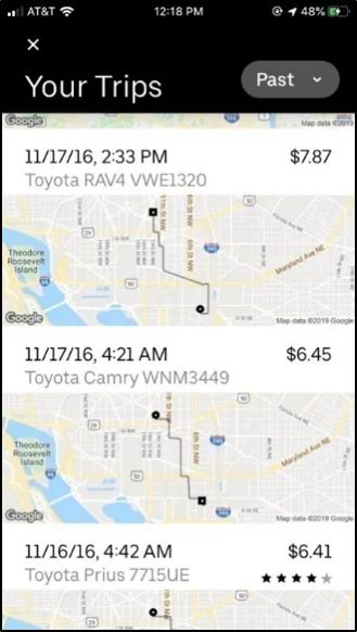 uberScreen.png A screenshot of trip history in the Uber app.