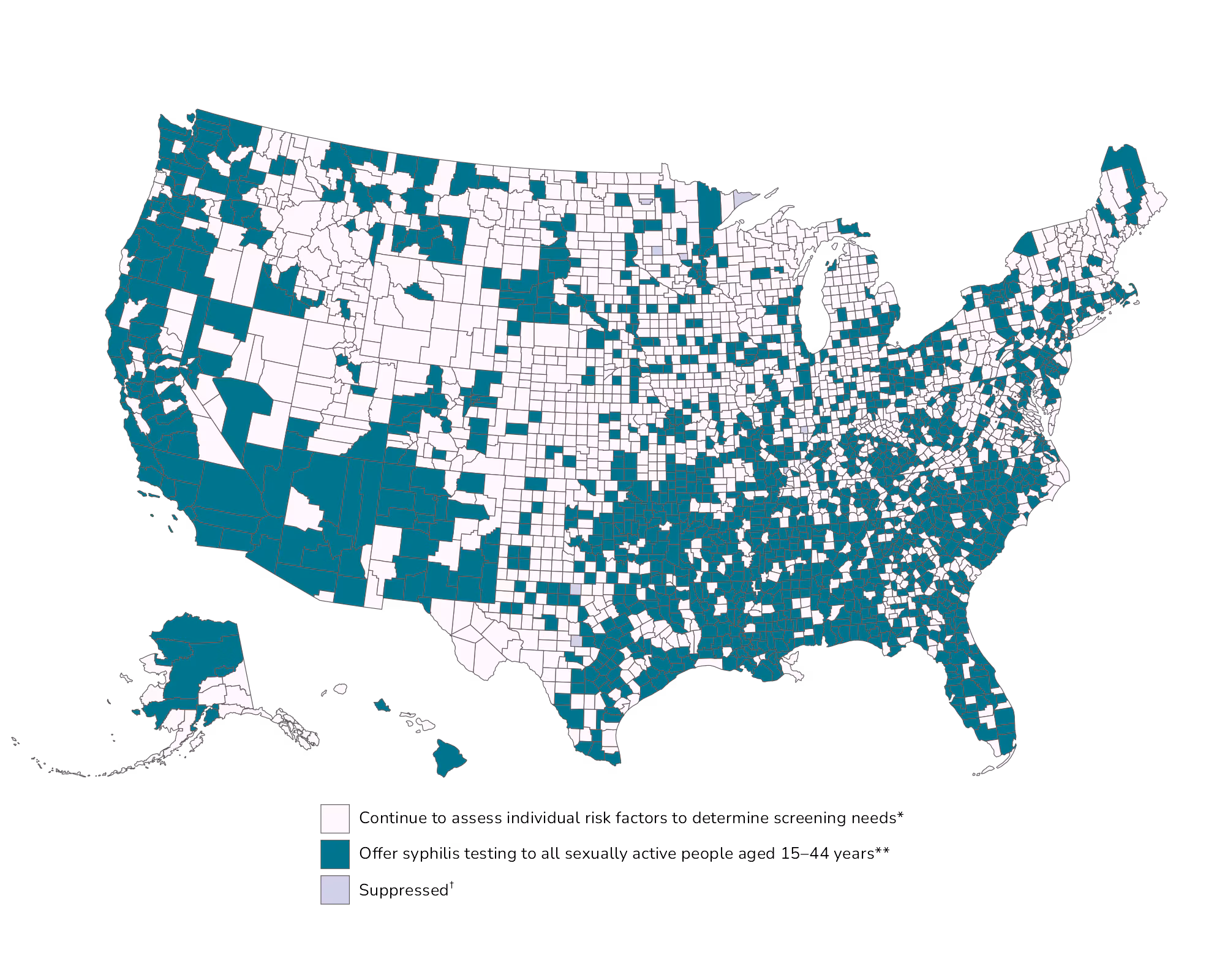 County-level Syphilis Map Map of US counties where syphilis testing should be offered to all sexually active persons aged 15-44 (see notes)