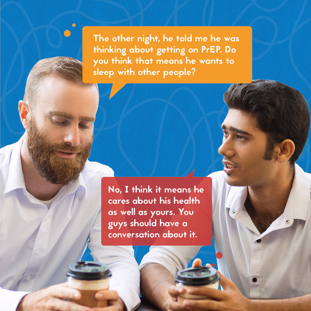 Social media graphic featuring two men discussing PrEP