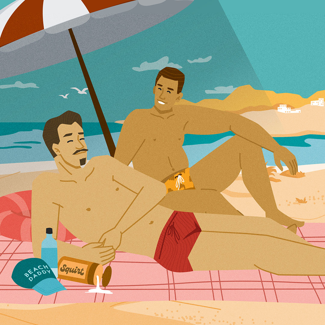 Beach Couple An illustration of an intergenerational gay male couple lounging on a beach.