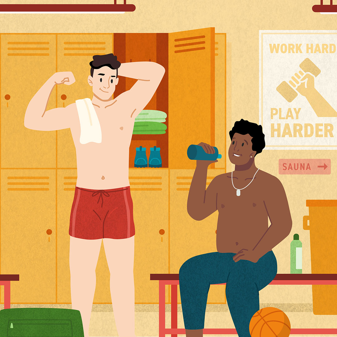PrEP-Workout Carousel (Image 1 or 3) An illustration of two men flexing in a locker room.