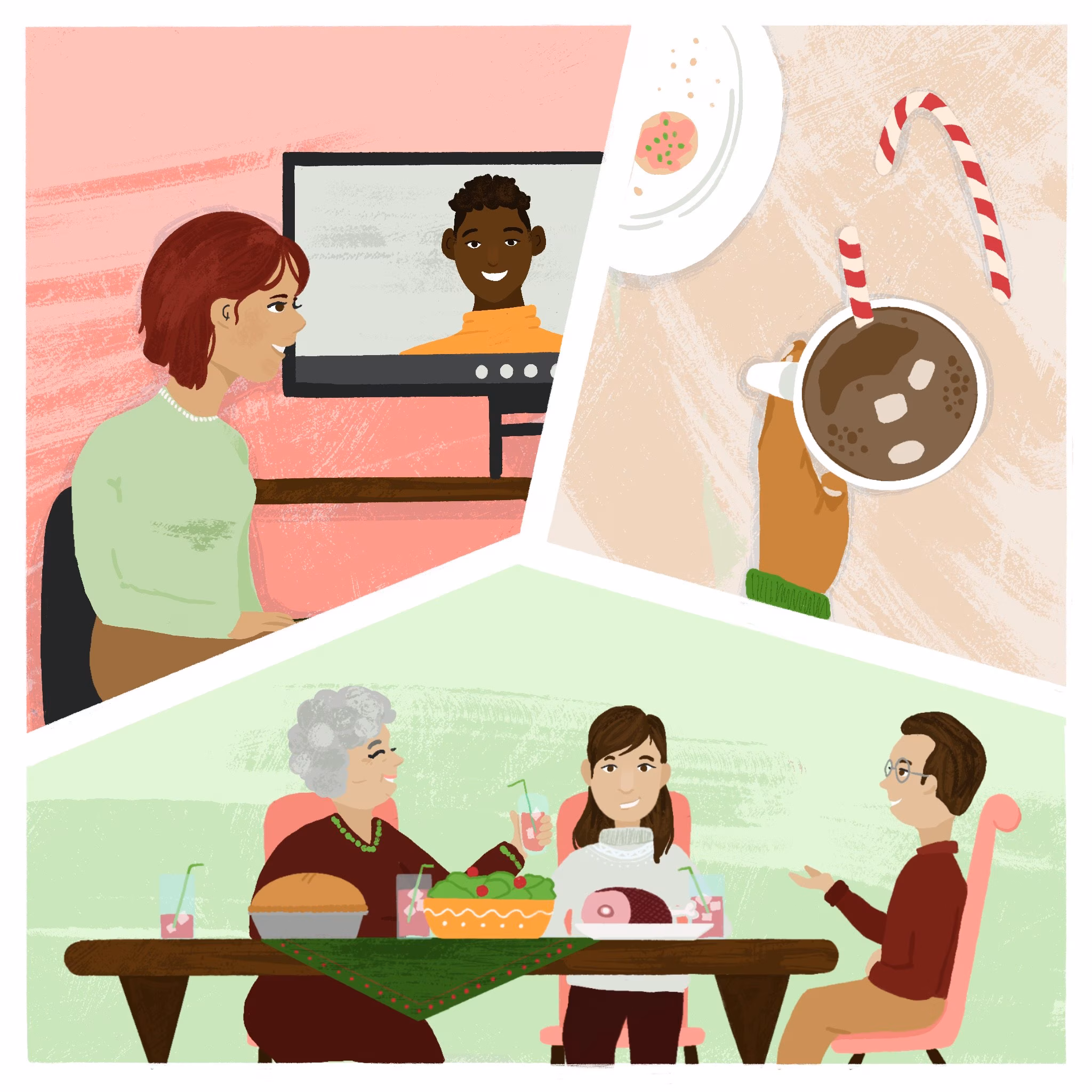 Holiday Stigma A holiday illustration graphic of a family gathered around a table and two friends sitting in front of a computer screen smiling and enjoying a virtual dinner together