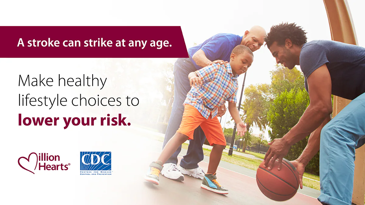 Stroke-Infocard4 Family playing basketball with text: A stroke can strike at any age. Make healthy lifestyle choices to lower your risk.