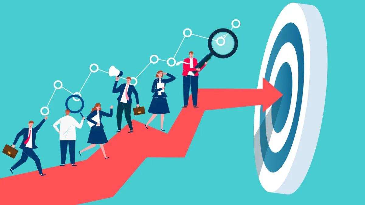 People reaching target 1200x675px An illustration of six people reaching towards a target on an upward arrow.