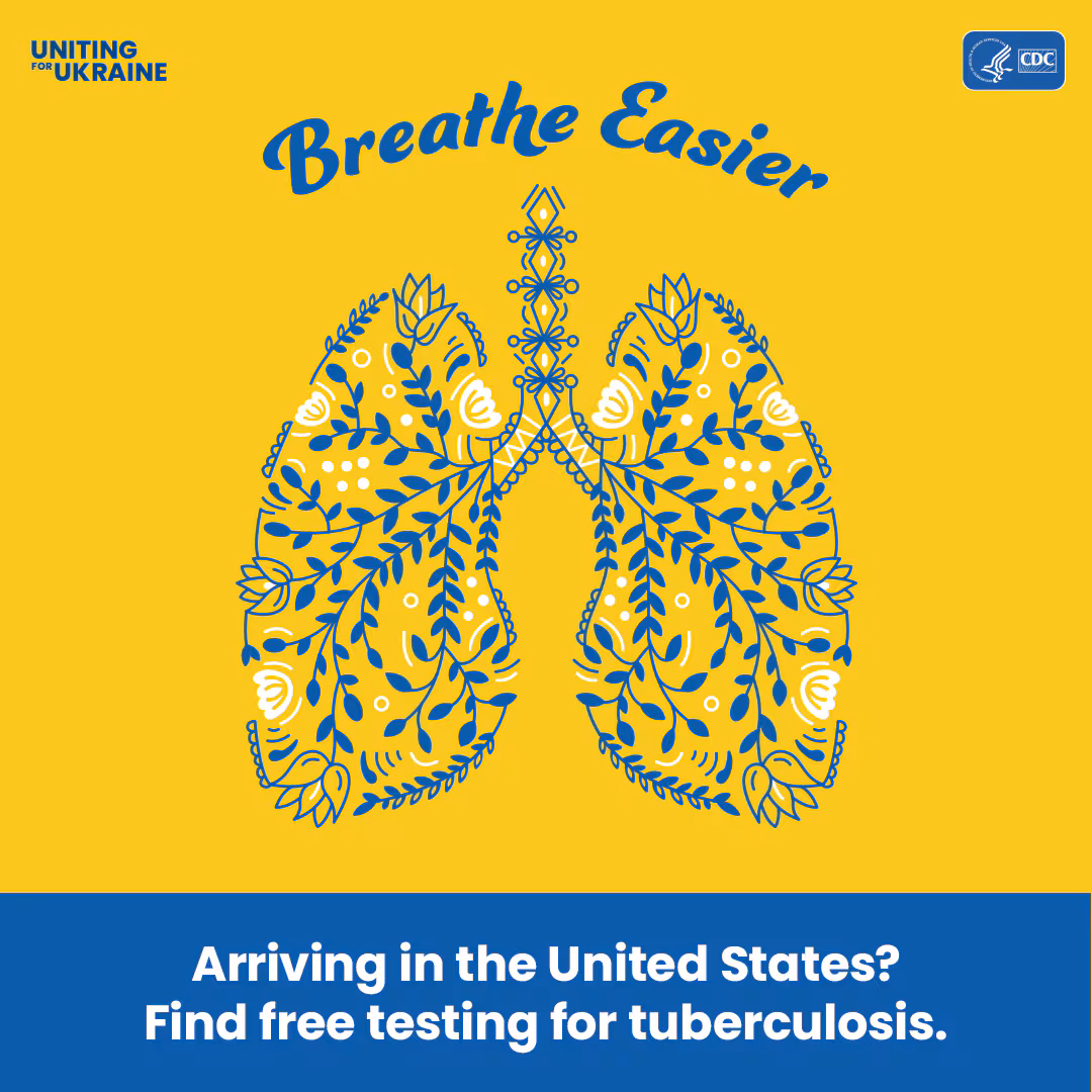 Illustration of lungs in Ukrainian folk art style. Content reads: Breathe Easier. Arriving in the United States? Find free testing for tuberculosis.