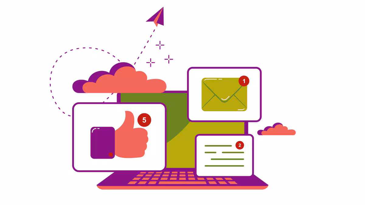 Communication platforms Graphic illustration of likes and comments on social network and laptop with chatting notifications on table