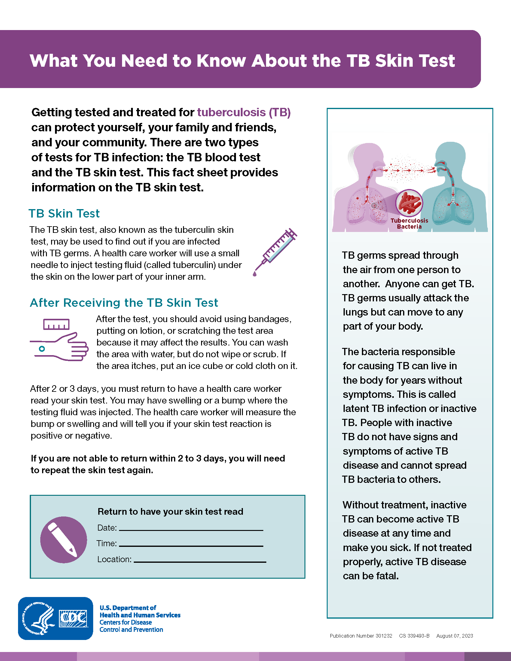 What you need to know about the TB skin test English What You Need to Know About the TB Skin Test Fact Sheet