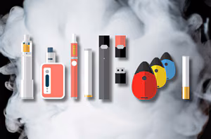 imagen de varios tipos diferentes de cigarrillos electrónicos y dispositivos de vapeo