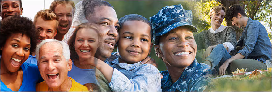Groups of people, smiling crowd, father and son, woman in military uniform, smiling couple