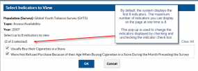 1. By default, the system displays the first 8 indicators. The maximum number of indicators you can display on the page at one time is 8. This pop-up is used to change the indicators displayed by checking and unchecking the indicator check box.