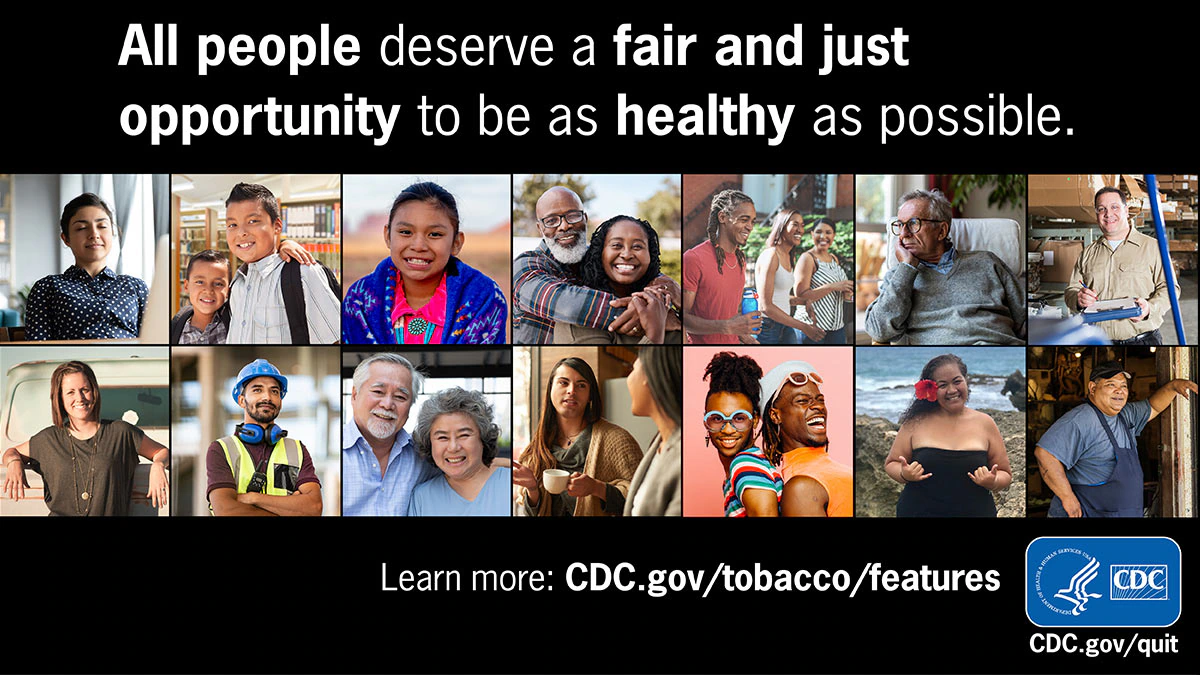 Health Equity feature sm All People An image featuring a diverse group of individuals, accompanied by the caption: All people deserve a fair and equitable opportunity to achieve optimal health.
