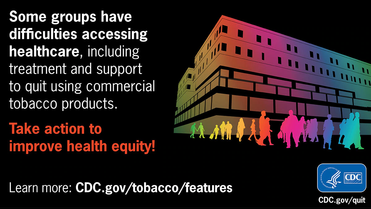 Health Equity feature sm healthcare Neon silhouettes of people alongside a building in a colorful illustration against a black background with label: Some groups have challenges accessing healthcare.