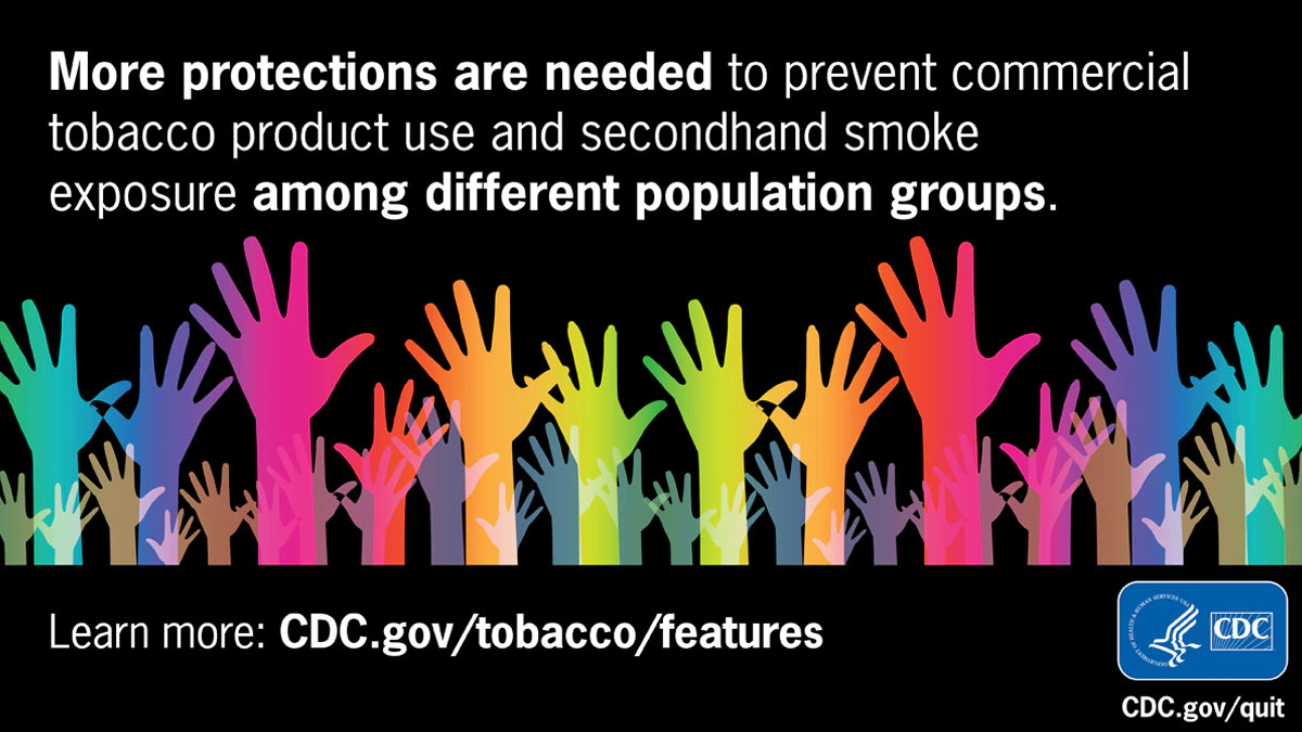 Health Equity feature sm protections Vibrant neon silhouettes of hands raised in a colorful illustration against a black background with label: More protections are needed to prevent commercial tobacco product use and secondhand smoke exposure.