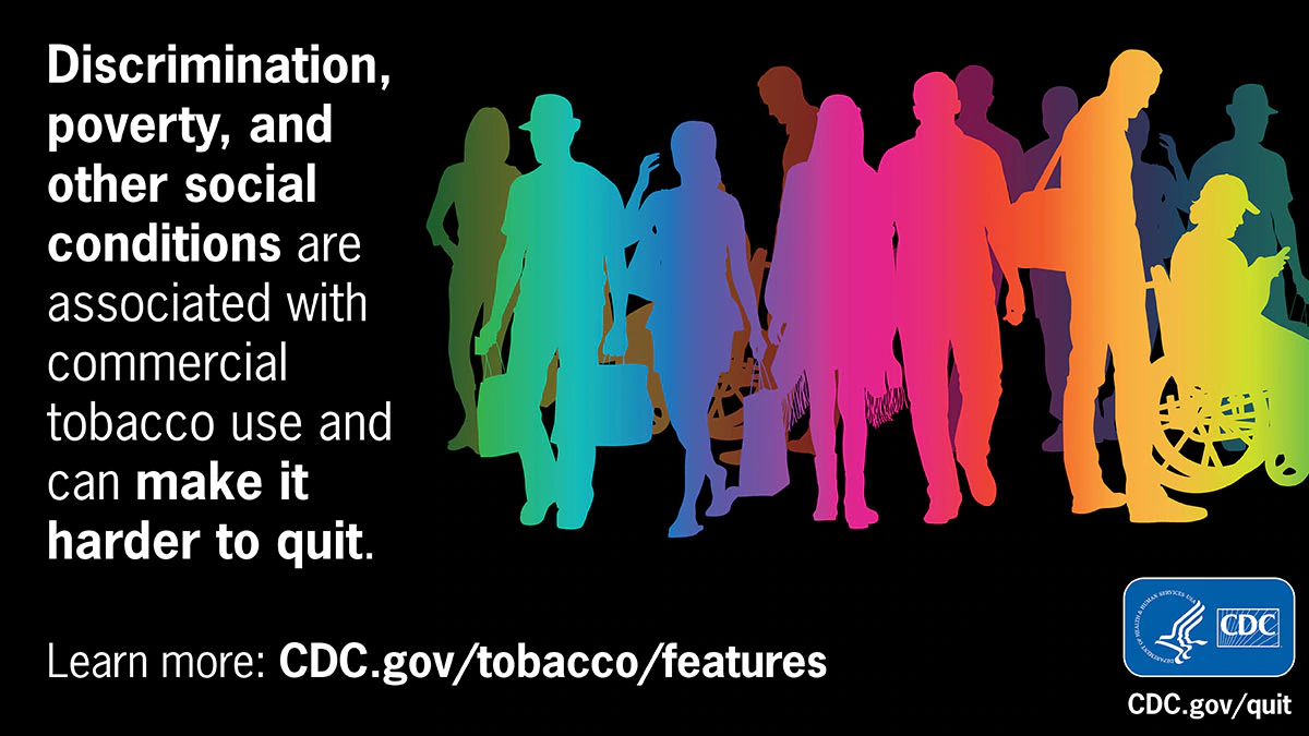 Health Equity feature sm social conditions Neon silhouettes of people in a colorful illustration against a black background with label: Discrimination, poverty, and other social conditions are linked to commercial tobacco use and can make it harder to quit.