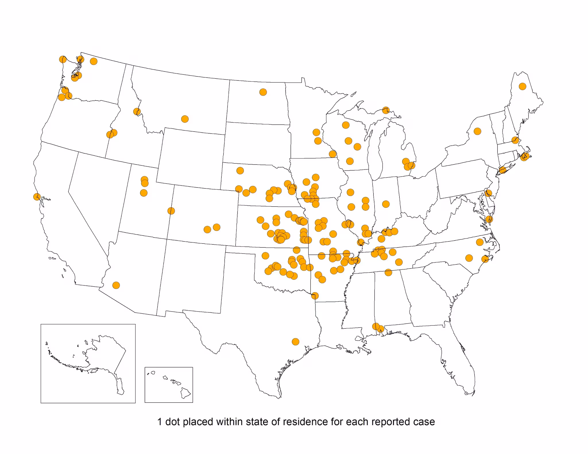 Map of the U.S. showing states with reported cases of Tularemia.