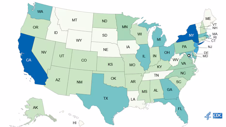 typhoid fever cases reported to ntpfs, by jurisdiction, 2017 Map of typhoid fever cases in the United States reported to the National Typhoid and Paratyphoid Fever Surveillance System, by jurisdiction in 2017