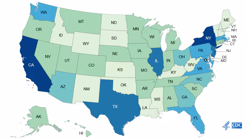 typhoid fever cases reported to ntpfs, by jurisdiction, 2018 Map of typhoid fever cases in the United States reported to the National Typhoid and Paratyphoid Fever Surveillance System, by jurisdiction in 2018