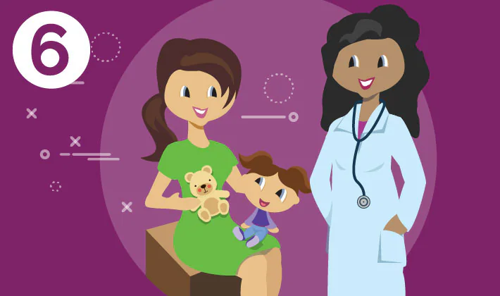 6-less-stressful-favorite-things Mom with kid and stuff animal at a doctor's visit.