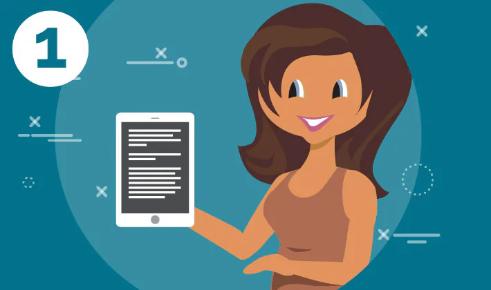 1-less-stressful-read Woman holding tablet to show information.