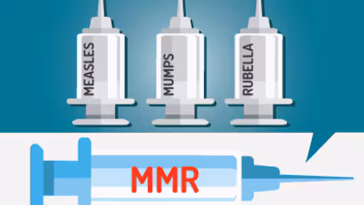 MMR Vaccine illustration Illustration shows measles, mumps, and rubella vaccines separated out, and one shot that combines all three into MMR