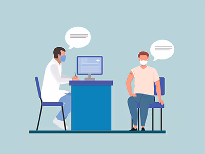 Illustration of a healthcare professional in a mask at a computer talking with a masked patient.