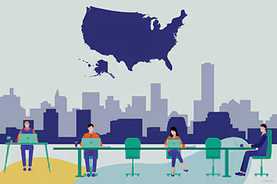 planning-partnership-social-card Illustration of office workers in masks at a desk in the United States.