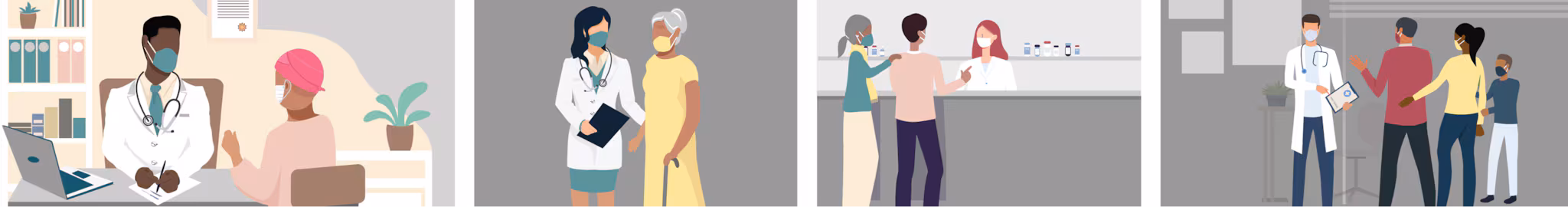 Illustrations of healthcare professionals talking to patients about COVID-19 vaccination.