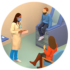 Illustration of doctor and two people.