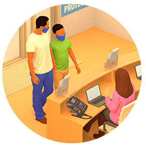 Illustration of person at front desk talking to two people.