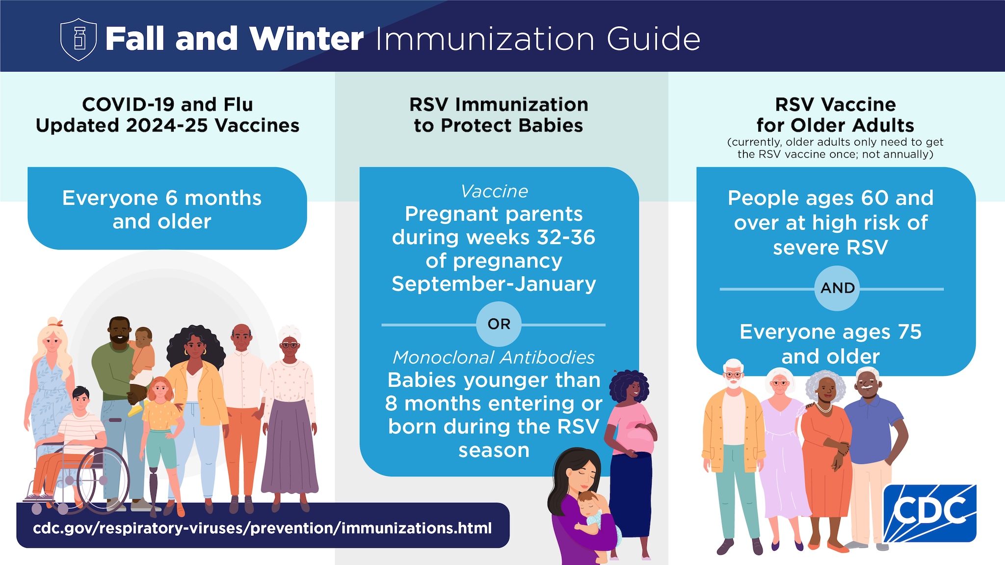 2024 Fall Winter Immunization Guide Everyone 6 months and older is recommended updated 2024-25 COVID-19 and flu vaccines. Pregnant parents are recommended an RSV vaccine during weeks 32-36 of pregnancy during RSV season or babies entering or born during the RSV season are recommended monoclonal antibodies. People ages 60 and over at high risk of severe RSV and everyone ages 75 and older are recommended an RSV vaccine. Currently older adults only need to get the RSV vaccine once; not annually. cdc.gov/respiratory-viruses/prevention/immunizations.html. CDC logo.