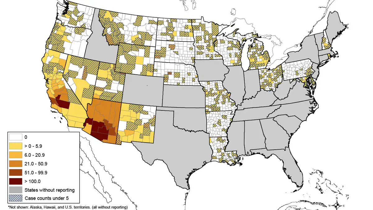 Valley fever incidence map, 2011–2017. This map shows the average incidence of reported Valley fever per 100,000 people, by county, during 2011–2017.