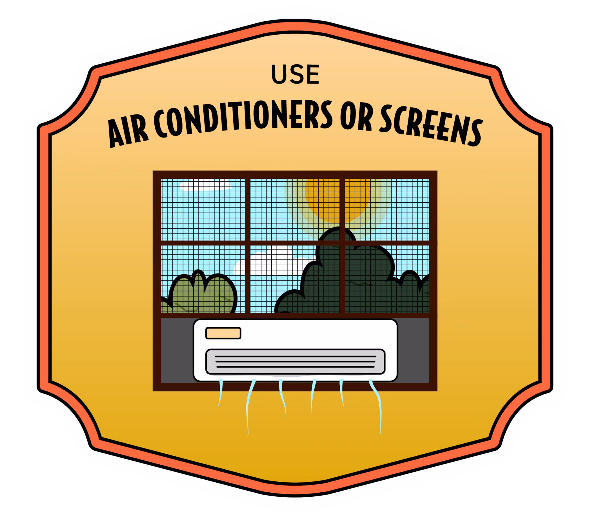 Fight the Bite personal protective behavior badge showing window screens and air conditioning.