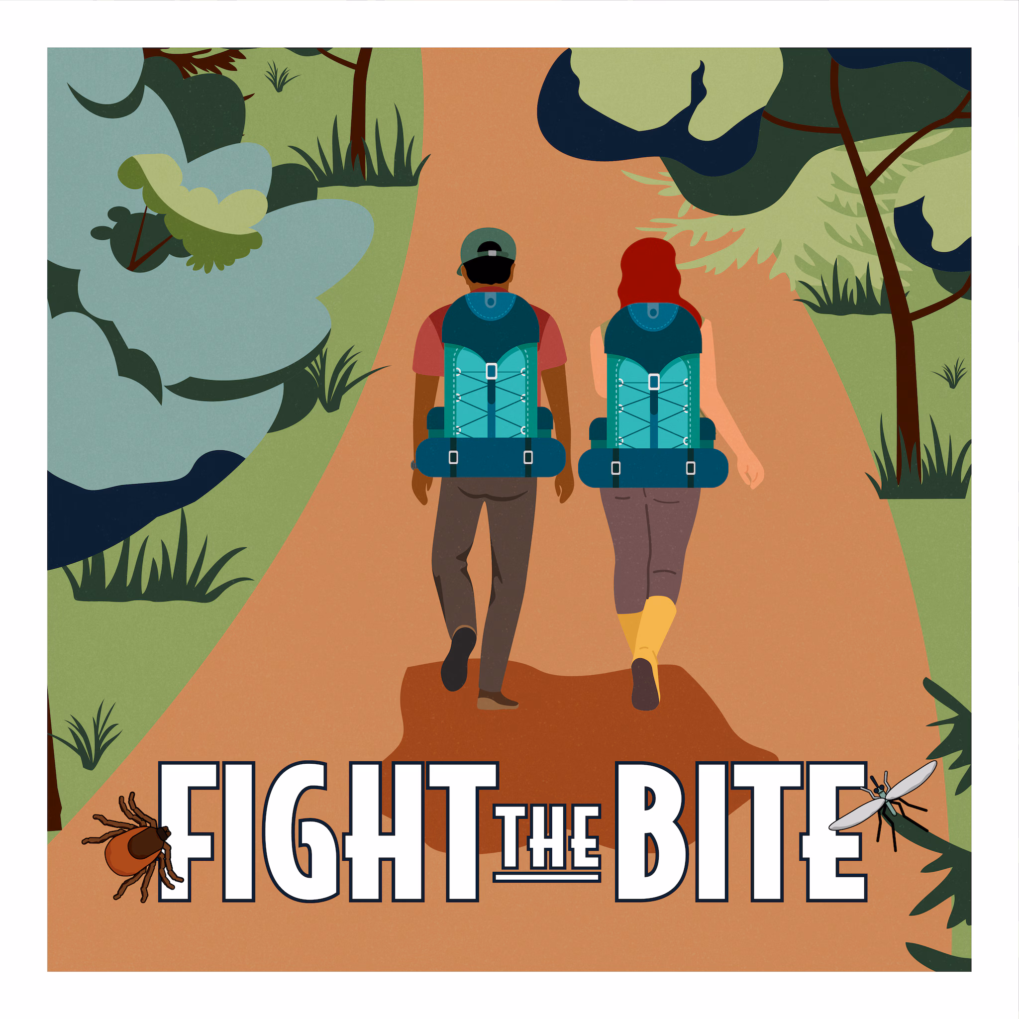 Graphic of people hiking on a trail for Fight the Bite campaign.
