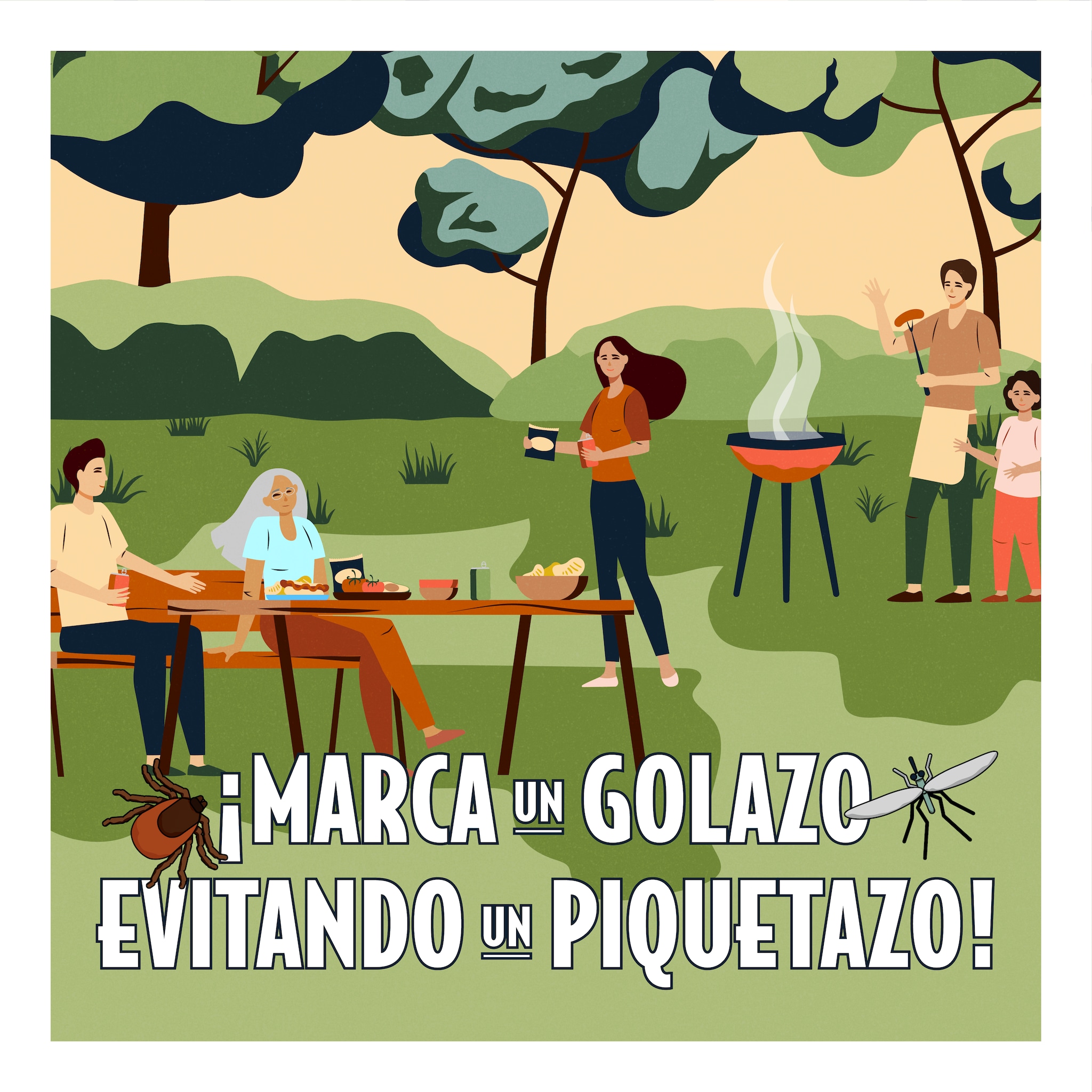 Spanish graphic showing people having a picnic for Fight the Bite campaign.