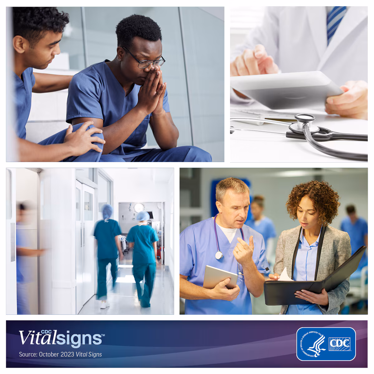 Photo collage of a health care provider comforting another health care provider, doctor working on a tablet, nurses walking through a hospital, and two health care providers having a discussion.