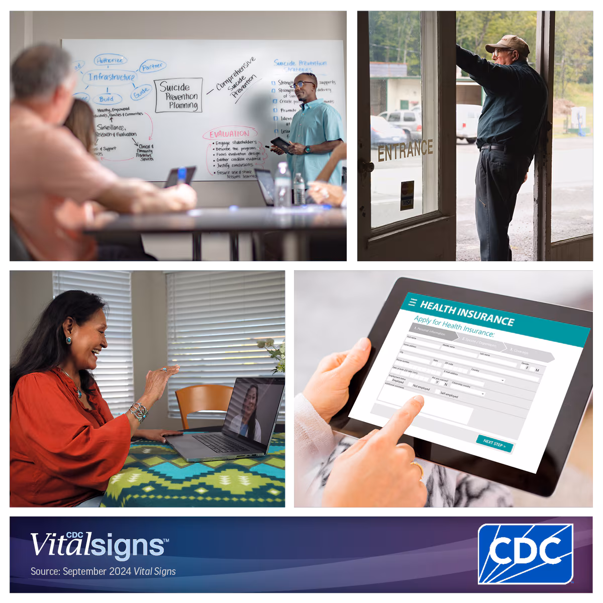 VS collage Photo collage of people discussing suicide risks, a lone man looking out a doorway, a woman talking with a doctor through a computer, and a person applying for health insurance online.