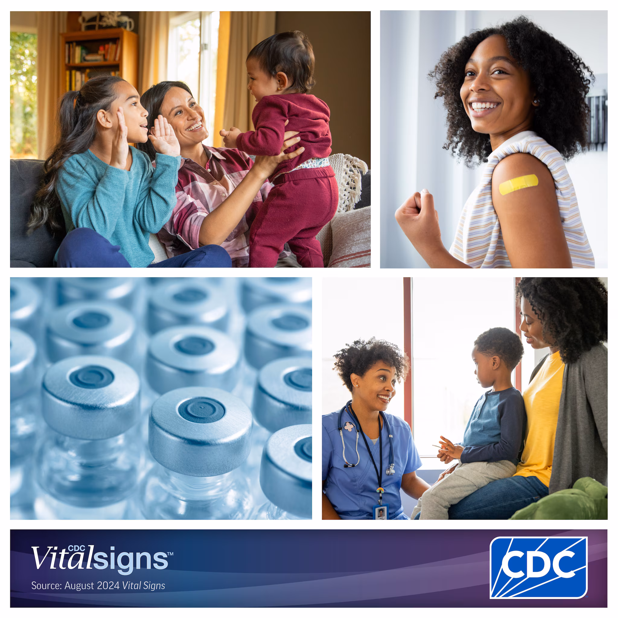 Photo collage of a mother with her two children, a woman displaying a bandaid, vaccine vials, and a doctor talking to a mother and child.