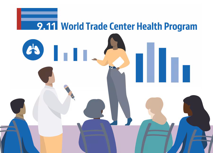 Graphic depicting a person giving a research presentation to others.