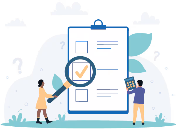 Graphic depicting two people marking up a survey on a large clipboard